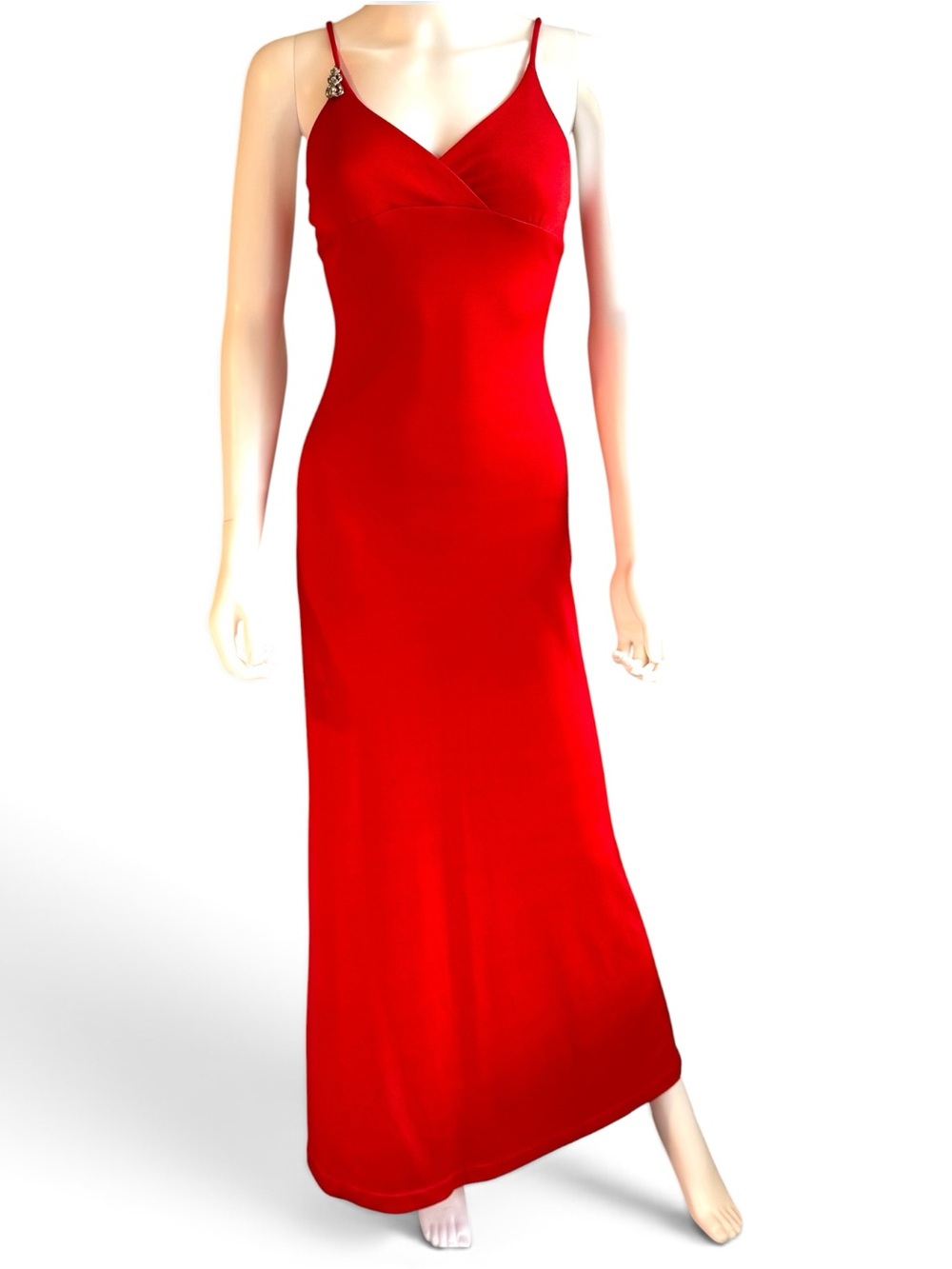 Vintage Y2K Red Satin Evening Gown Brooch Accent 90s Slip Dress M
